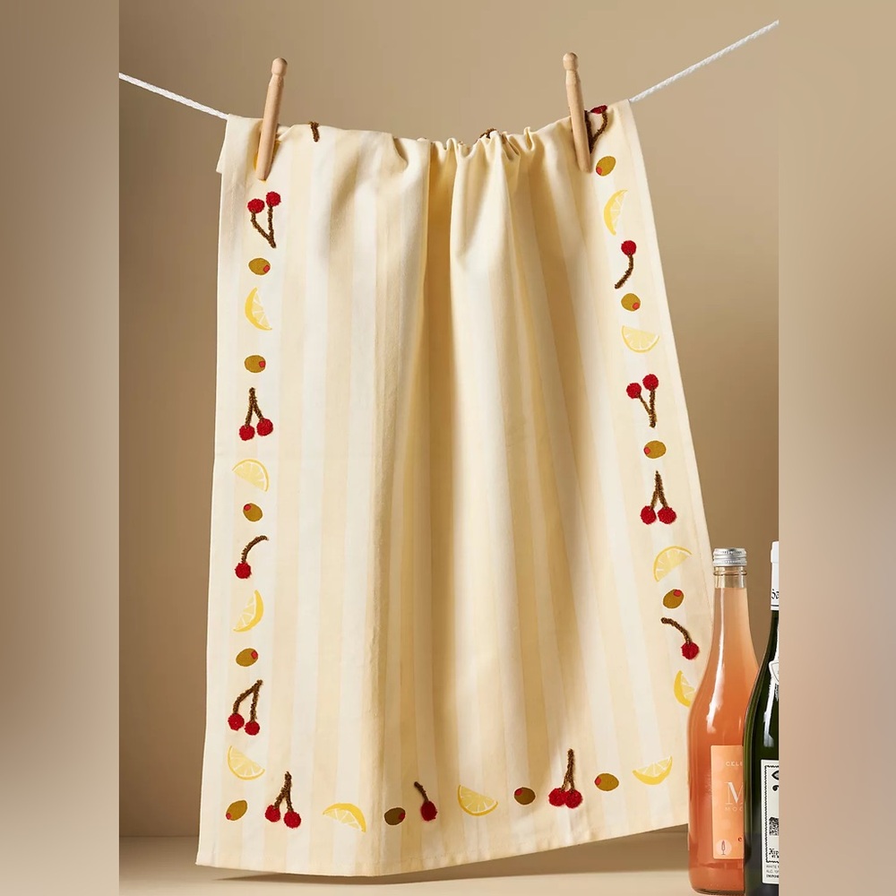 ANTHROPOLOGIE NWT garnish striped dish towel -olive, cherry, lemon